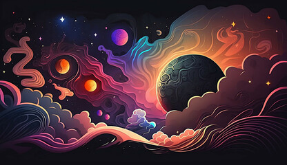 Wall Mural - alien planet and space abstract background with circles retro neon psychedelic background new quality stock image space illustration desktop wallpaper design, Generative AI