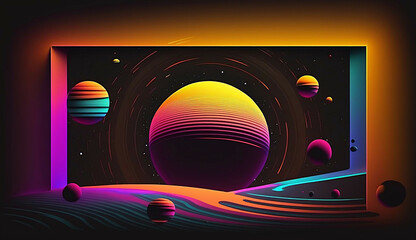 Wall Mural - alien planet and space abstract background with circles retro neon psychedelic background new quality stock image space illustration desktop wallpaper design, Generative AI