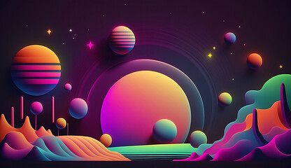 Wall Mural - alien planet and space abstract background with circles retro neon psychedelic background new quality stock image space illustration desktop wallpaper design, Generative AI