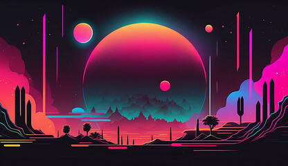 Wall Mural - alien planet and space abstract background with circles retro neon psychedelic background new quality stock image space illustration desktop wallpaper design, Generative AI