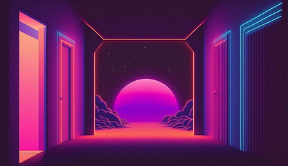 Wall Mural - alien planet and space abstract background with circles retro neon psychedelic background new quality stock image space illustration desktop wallpaper design, Generative AI