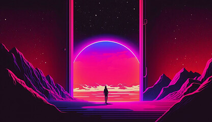 Wall Mural - alien planet and space abstract background with circles retro neon psychedelic background new quality stock image space illustration desktop wallpaper design, Generative AI