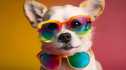 Love Has No Labels. Cute puppy with colorful rainbow sunglasses, symbolic of LGBTQ campaign fight for equality. Generative AI