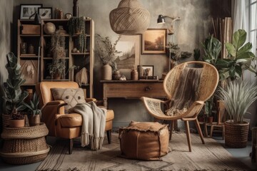 Canvas Print - Contemporary bohemian living room with antique chair, rattan basket and leaves, wooden cube, books, flowers, mock up poster frames, and stylish accessories. Interior design. Template. Generative AI