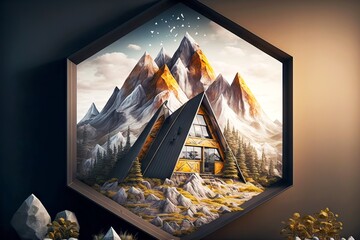 Poster - Mountain landscape with unusual A-frame cabin in foreground, created with generative ai