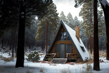 Sticker - Cozy country A-frame cabin with porch in winter forest, created with generative ai