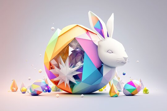 fantasy abstarct design amazing 3d Easter bunny and ornated painted rainbow colourd egg on white background. Happy Easter magical,generative ai.