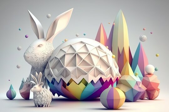 fantasy abstarct design amazing 3d Easter bunny and ornated painted rainbow colourd egg on white background. Happy Easter magical,generative ai.
