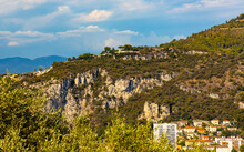 Mount Gros And Alpes Hills With Villas Beneath Astronomical Observatory Over Paillon River Valley In Nice On French Riviera Azure Coast In France