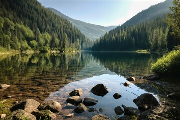 Wall Mural - a scenic landscape of  a peaceful lake with mountains and forest