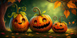 three cute halloween pumpkin in autumn park, concept Religion and Culture, generative AI