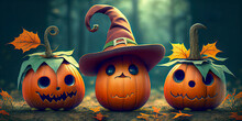 Three Cute Halloween Pumpkin In Autumn Park, Concept Religion And Culture, Generative AI