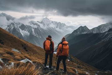 Wall Mural - A_young_couple_hiking_to_the_top_of_a_mountain