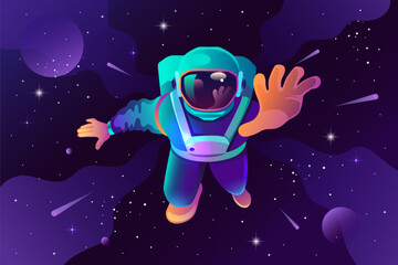 The astronaut waves his hand. Welcome gesture. Space, planets and stars. Gradient design. Vector modern illustration.