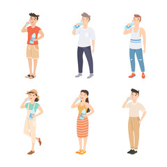 Sticker - Young Man and Woman Standing and Drinking Pure Still Water from Plastic Bottle Quenching Thirst Vector Set