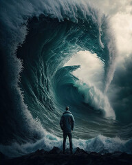 a person standing in front of a large wave, stormy ocean, concept, art illustration 