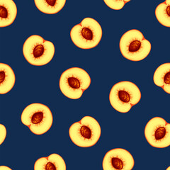 Wall Mural - Seamless pattern with peach fruit on a blue background. Vector illustration