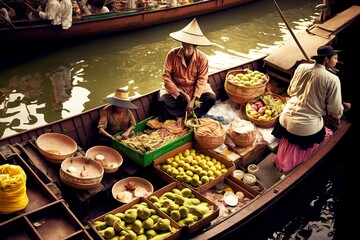 Wall Mural - Fresh ripe apples and pears on boat trading on floating market, created with generative ai