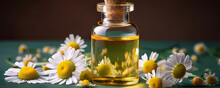Essential Oil In Glass Bottle With Fresh Chamomile Flowers. Pure And Natural Aromatherapy. Soothing And Healing Properties Of Chamomile. Generative AI.