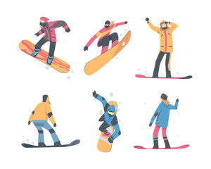 Wall Mural - Man and Woman Snowboarding Dressed in Winter Outfit Vector Set