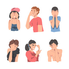 Sticker - Disappointed Young Man and Woman Trying to Remember Something Feeling Frustration About Forgetting Things Vector Set