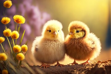 Wall Mural - Two fluffy cute chicks stand on their paws on blurred background, created with generative ai