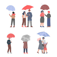 Sticker - People Characters Holding Umbrella Walking in Rainy Day Vector Set