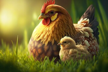 Wall Mural - Mom chicken with chicks sits and basks in sun on grass, created with generative ai