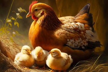 Wall Mural - Light red-haired mama chicken with fluffy chicks sitting on hay in nest, created with generative ai