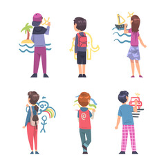 Poster - Little Boy and Girl Characters Standing and Drawing with Crayons on Wall Vector Set