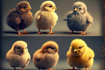 Wall Mural - Charming newborn fluffy chicks with thin legs on gray background, created with generative ai