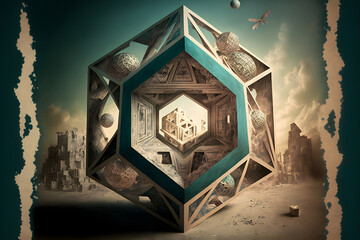 Wall Mural - surreal hexagonal diamond shape entity with indescribable shapes and signs in its sides, neural netw