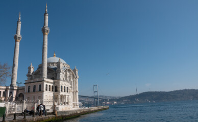 Ortaköy Mosque also known as Büyük Mecidiye Camii in Beşiktaş, Istanbul, Turkey. It was built in 1853 in baroque style. Ramadan wallpaper for islamic culture.