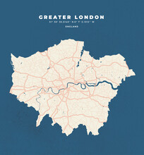 Greater London Map Vector Poster Flyer With Illustrations Of Roads, Lakes And Rivers