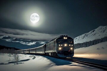 Canvas Print - Polar Express Train racing on night railway against background of moon, created with generative ai