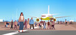 multiethnic people group standing near airplane mix race men women crowd at airport terminal cityscape background