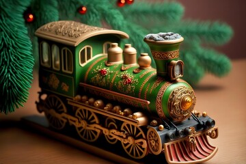 Canvas Print - Bright decorated toy Polar Express Train on table, created with generative ai