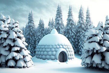 Sticker - Round snow igloo against background of snow-covered Christmas trees in winter, created with generative ai