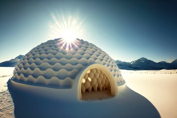 Poster - Large snow igloo against blue sky and sun, created with generative ai