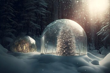 Sticker - Winter landscape with snow igloo surrounded by snow-covered coniferous trees, created with generative ai