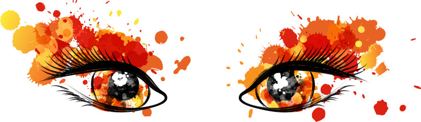 Wall Mural - beautiful brown eyes with golden paint splash decorative elements. conceptual vector illustration in