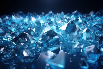  a bunch of blue diamonds on a black background with a bright light shining on the top of the image and the bottom of the image.  generative ai