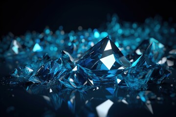 Wall Mural -  a group of blue diamonds sitting on top of a black table top next to a black background with a reflection of the diamond on the floor.  generative ai