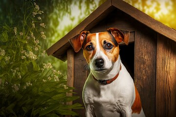 Jack russell terrier dog in wooden doghouse on green background, created with generative ai