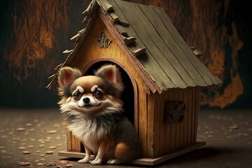 Poster - Small Chihuahua puppy in wooden doghouse hut on dark background, created with generative ai