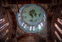 Vacation Destination Chios Greece: The Interior Of The Dome Of St. Nicholas Church In The Small Town Of Volissos On Unpainted Wall
