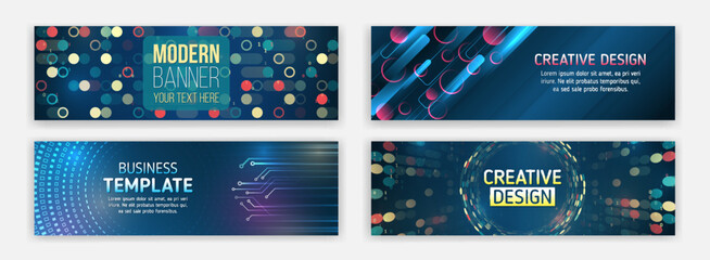 Wall Mural - Technology horizontal banners set. Blue futuristic science presentation collection. Modern banner design for medicine, internet network, artificial intelligence, big data. High-tech media cover.