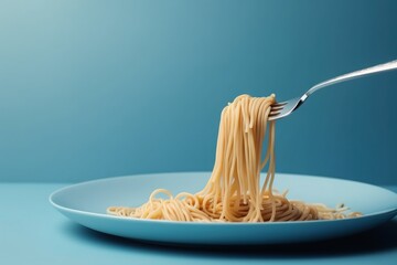  a plate of spaghetti being held by a fork with a blue background and a light blue wall in the background with a light blue wall.  generative ai