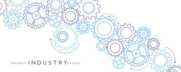 Technology abstract background from gearwheels composition. Horizontal light banner for teamwork, industrial, communication or automation conceptual design.