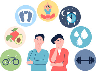 Good habits, walk, sleep good and meditation. Healthcare lifestyle, fresh food and gym training. Male female think and choose health, recent vector concept